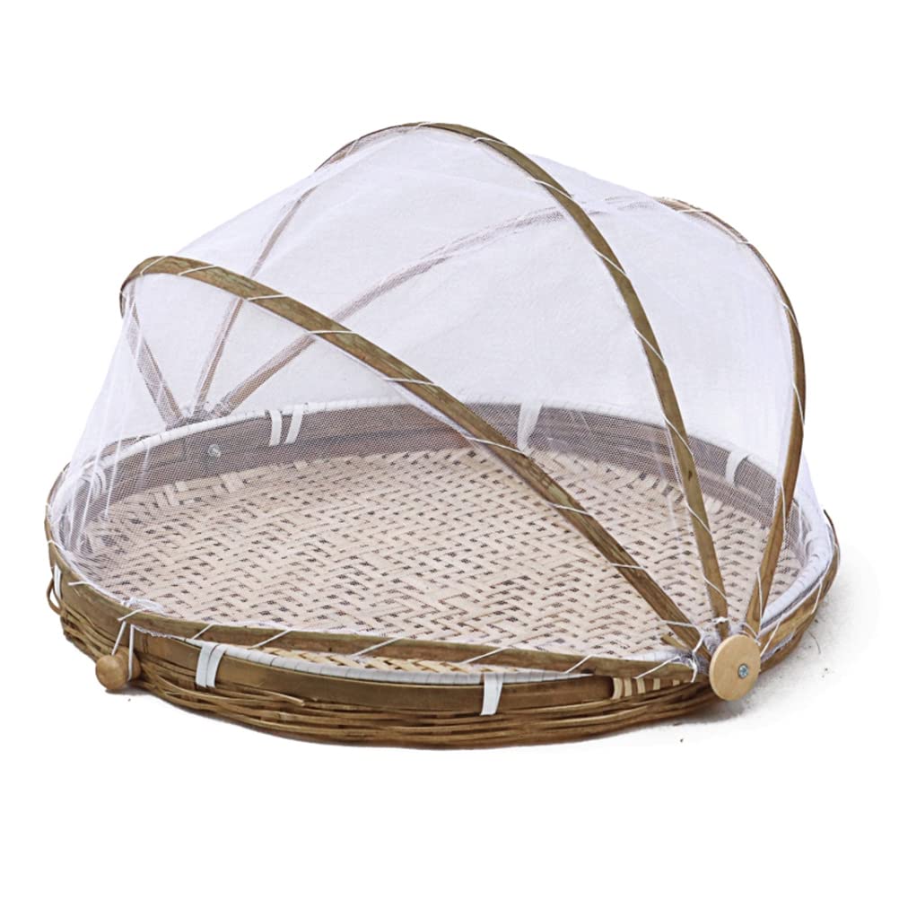CeFurisy Tray with mosquito net, bamboo fruit basket basket tray gauze mesh cover for dining room kitchen table decoration