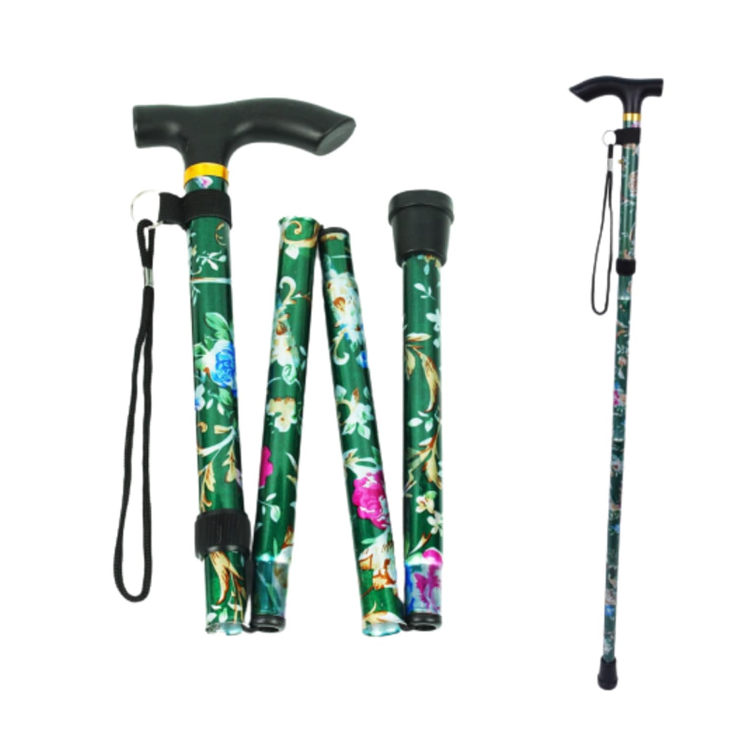 ZHjuju Walking Stick, Adjustable Folding Walking Stick green Floral Aluminum Cane Lightweight Comfortable Grip and Durable Walking Aid Easy Adjustable Height Folding Extendable Walking Cane