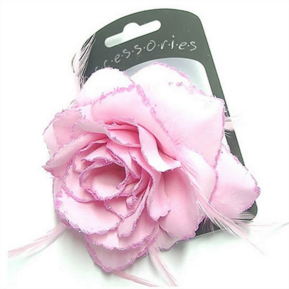 Large Pastel Pink Glitter Edge Rose Flower and Feathers Hair Elastic Band and Beak Clip Fascinator