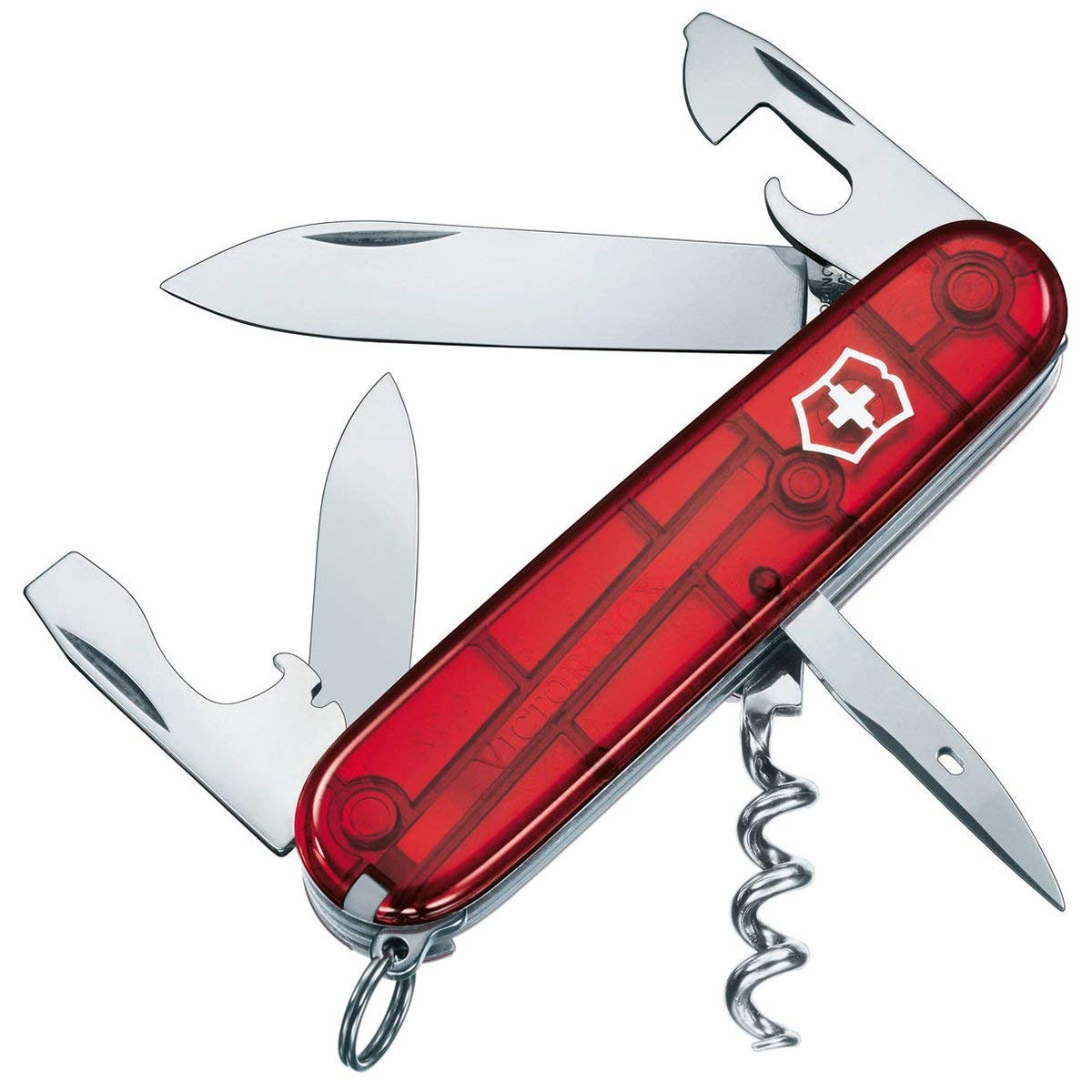 Victorinox Spartan Swiss Army Knife, Camping Pocket Knives, Medium, Multi Tool, 12 Functions, Blade, Bottle Opener, Red Transparent