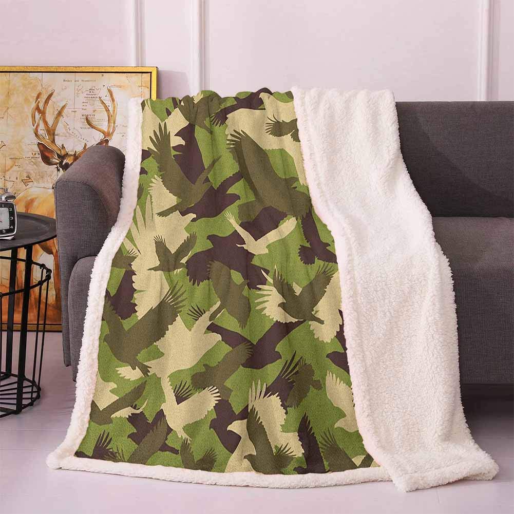 Camo Faux Fur Blanket Eagle Silhouettes Flying Open Wings Falcon Hawk Armed Forces Theme Throw Blankets for Couch Army Green Dark Brown Cream 60"x80"