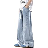 Men's Elastic Waist Baggy Jeans Y2K Wide Leg Loose Fit Denim Pants Hip Hop Skater Jeans with Multiple Pockets