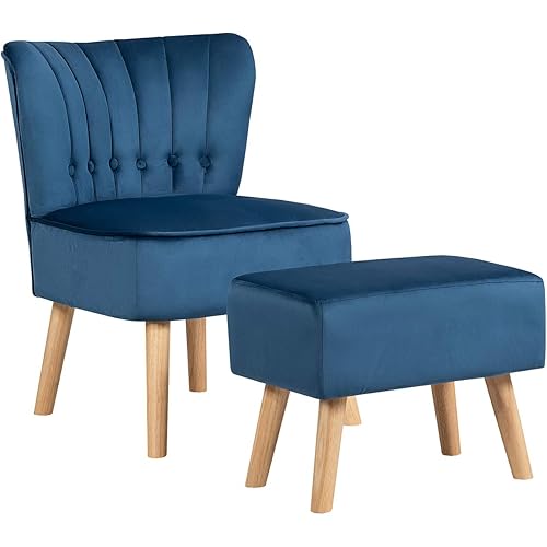 Giantex Modern Accent Chair Ottoman Set, Armless Slipper Sofa Chair with Footstool, Velvet Upholstered, Button Tufted, Single Chair and Ottoman for Living Room/Bedroom/Home Office (Blue)