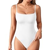 MANGOPOP Women's Cami Thong Bodysuit Double Lined Square Neck Backless Body Suit Adjustable Spaghetti Strap Tank Tops