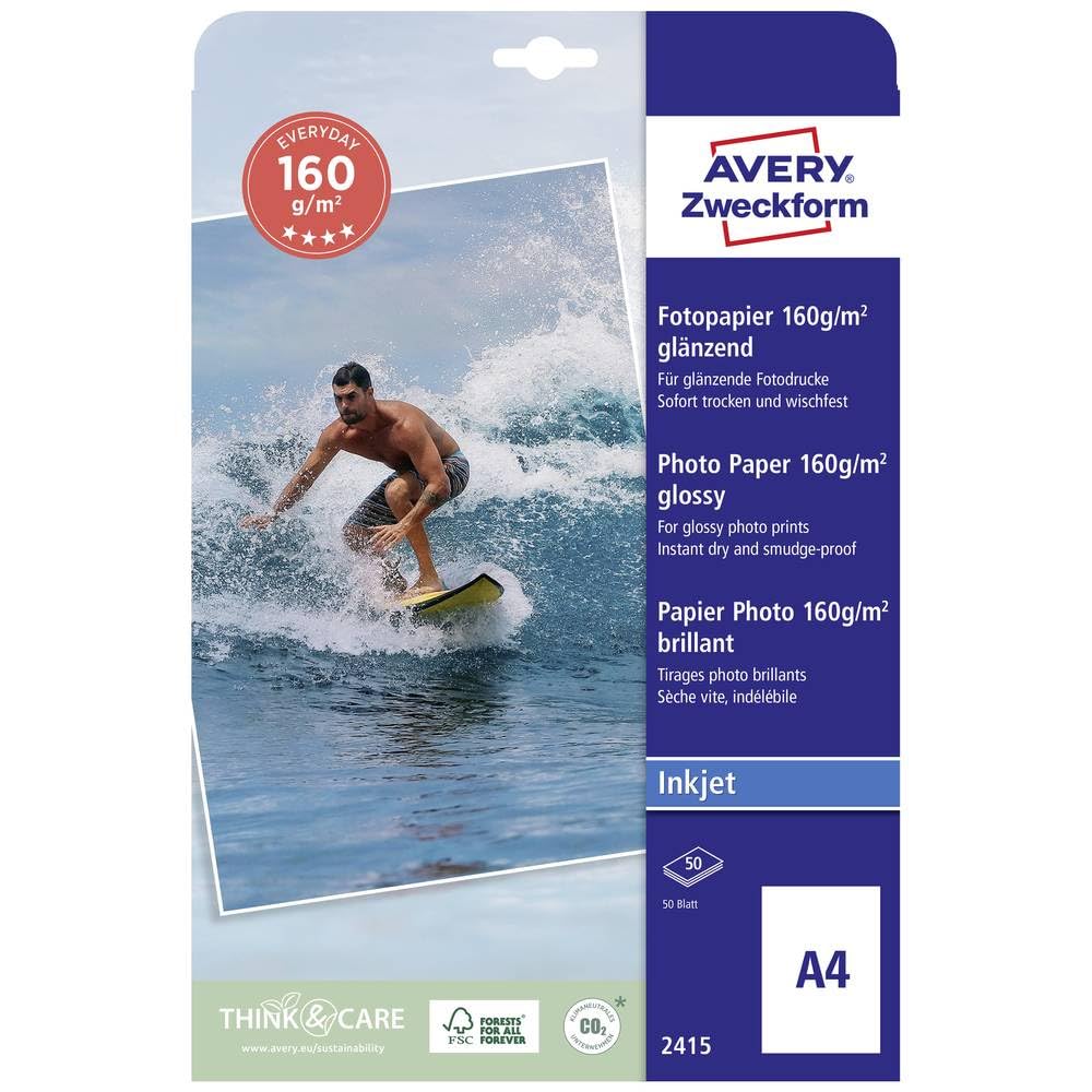 Avery Zweckform Classic Inkjet Photo Paper DIN A4 High-Gloss Coat on One Side 2415, 160 g/m²; 40 Sheets