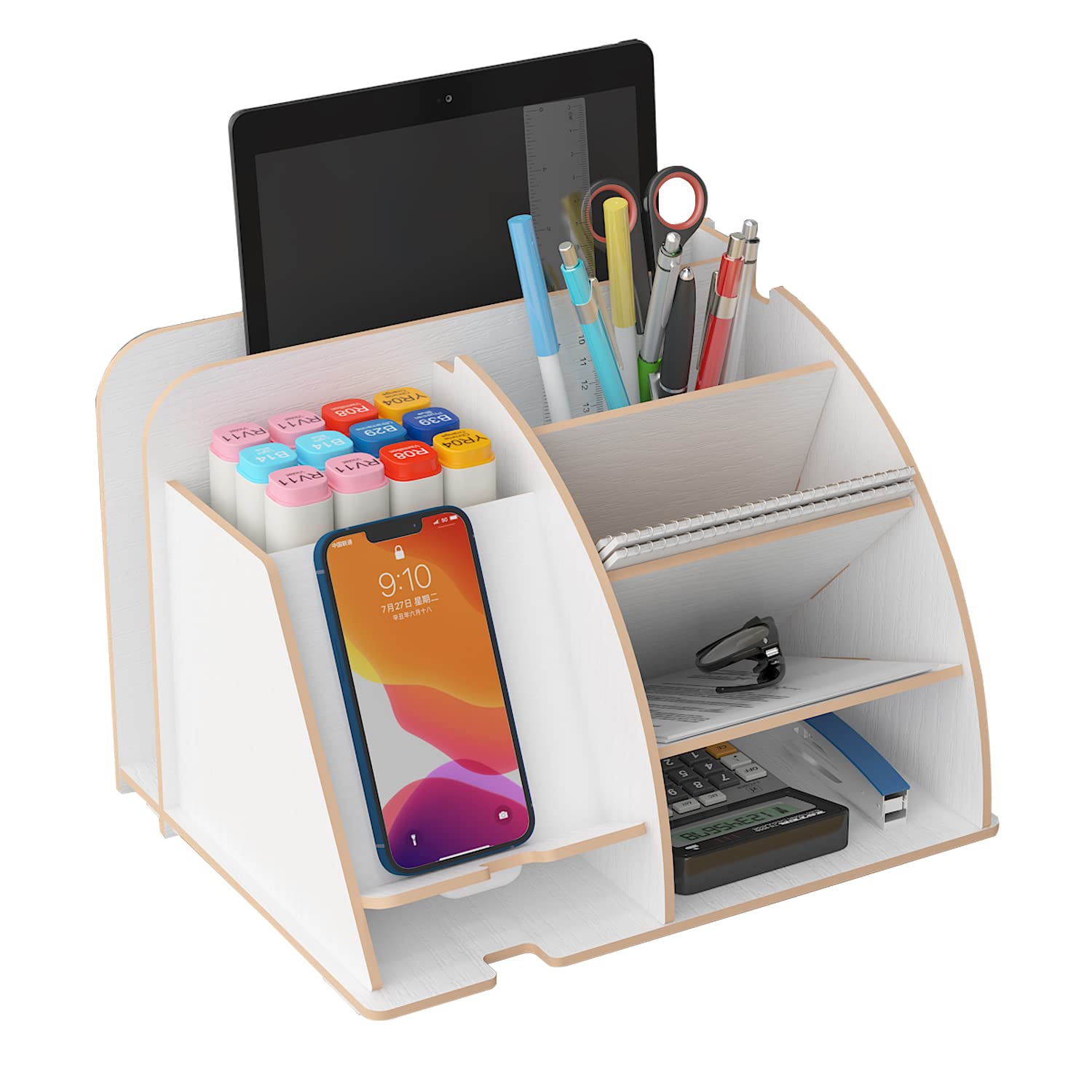 NUODWELL Wood Phone Docking Station for men Phone holder for bedside table organiser Office Desktop Stationary Organiser Pencil Holder Desk Tidy Caddy Art Supply Organizer with Phone Ipad (White)