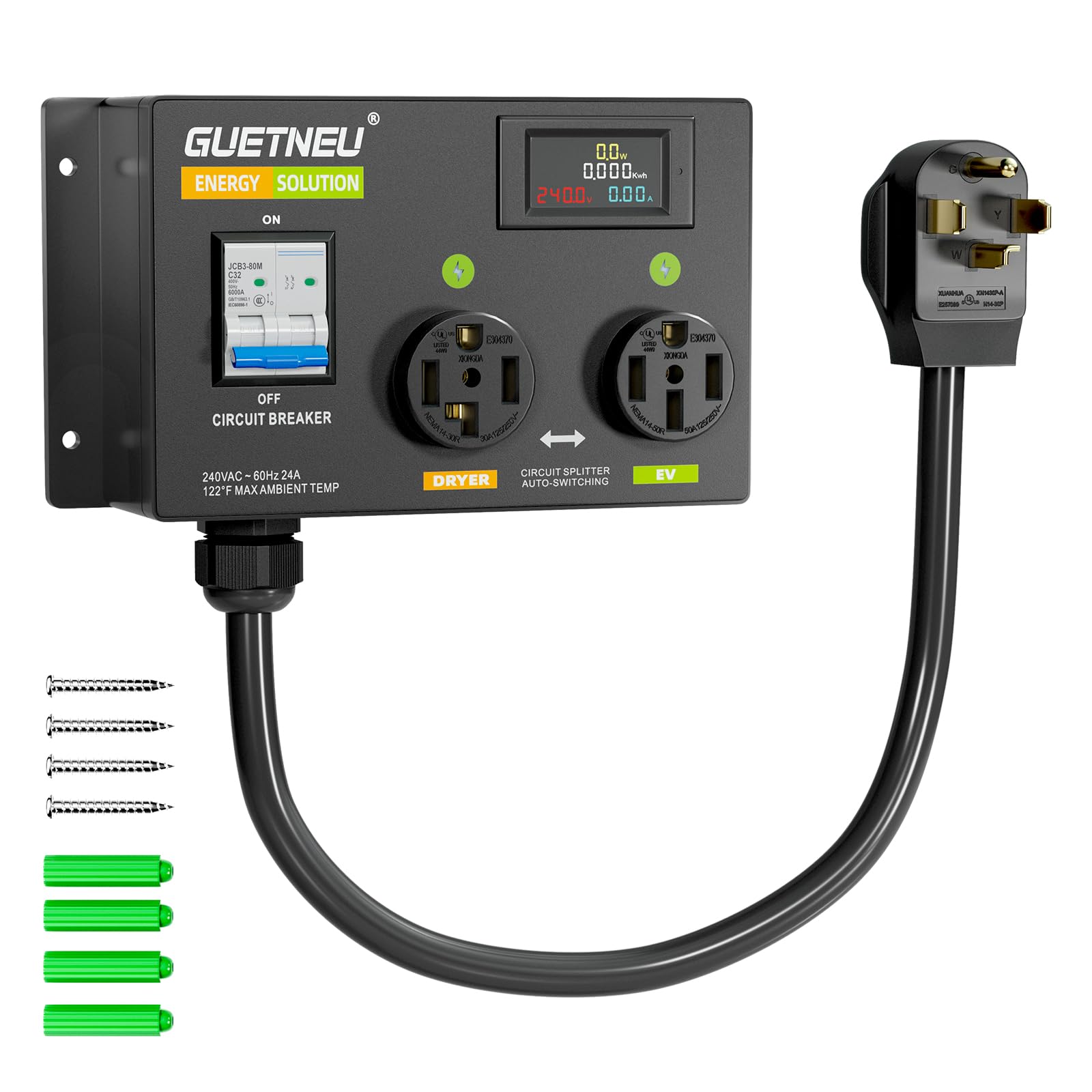 Photo 1 of GUETNEU NEMA 14-50R (4 Prong) Dryer Splitter with Breaker - 240V Dryer Splitter for EV, NEMA 14-30 to 14-50 Auto Switch for Dryer & EV,Fast Charge for 2 EVs, Prioritizing Left-Side Power Supply