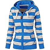Movnebyro Women's Striped Hoodies Zip Up Long Sleeve Sweatshirts Casual Crewneck Hooded Sweatshirt Y2K Sports Jackets
