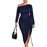 Floerns Women's Plus Size Off The Shoulder Sexy Bodycon Midi Dress Drawstring Slit Hem Long Sleeve Elegant Party Dresses