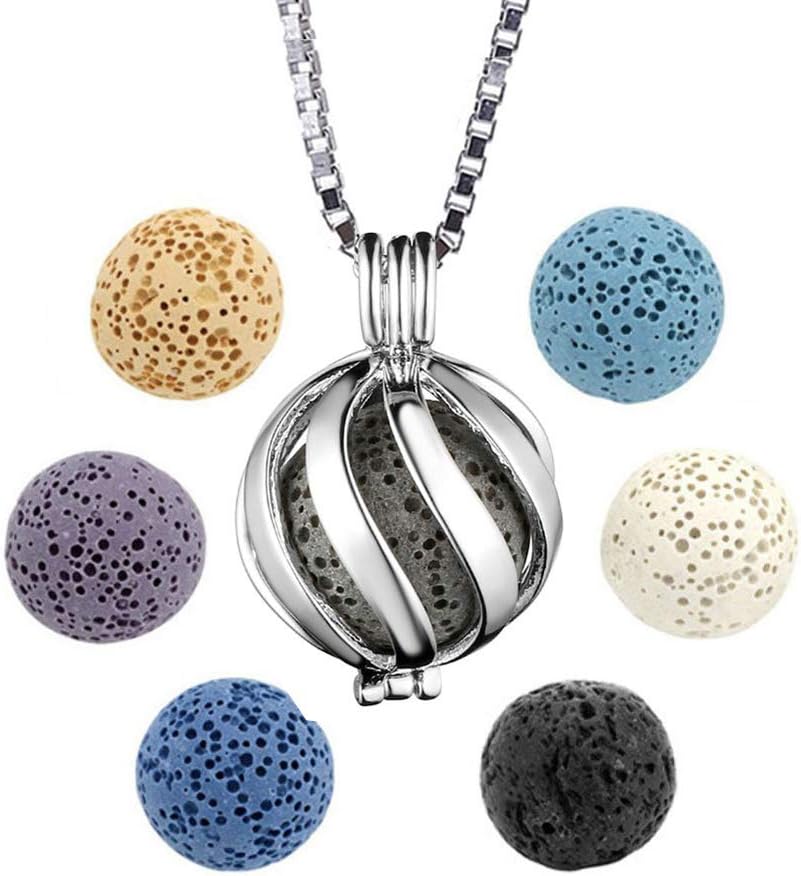 Essential Oil Diffuser Necklace Silver Plated Box Chain Twisted Ball Aromatherapy Locket Pendant with 6 Lava Stone Balls 0.63' Christmas Gift