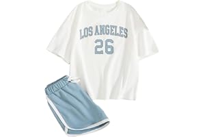 Floerns Girl's 2 Piece Outfits Graphic Print Drop Shoulder Tee & Contrast Binding Track Shorts Clothing Set