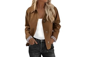 CFDRFGH Womens Cropped Trench Coat Classic Collar Plaid Lightweight Oversized Casual Jackets with Checkered Lining