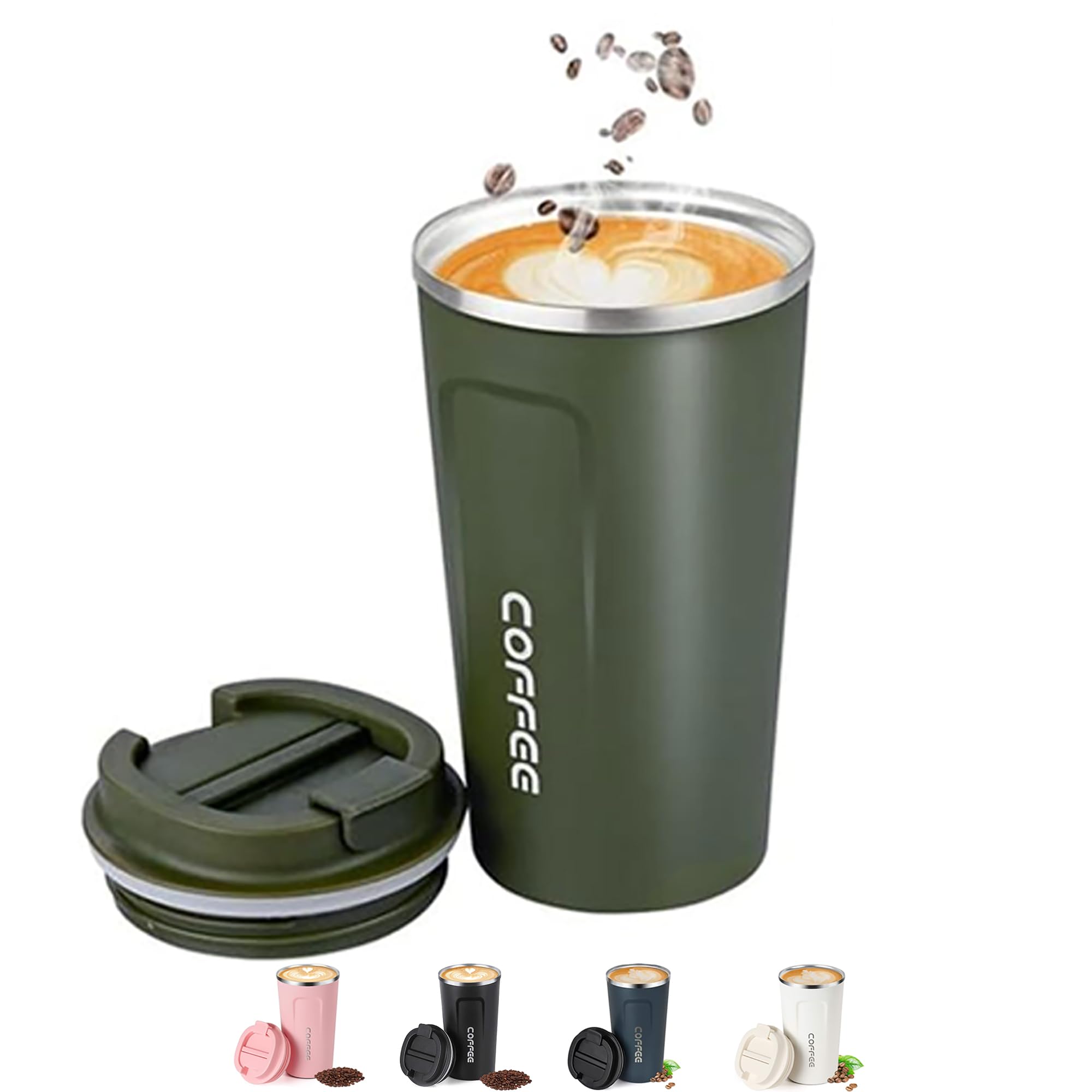 Shunshi Insulated Travel Mugs - Reusable Coffee Cups with Leakproof Lid - Keeps Drinks Hot or Cold (Green/510ML)