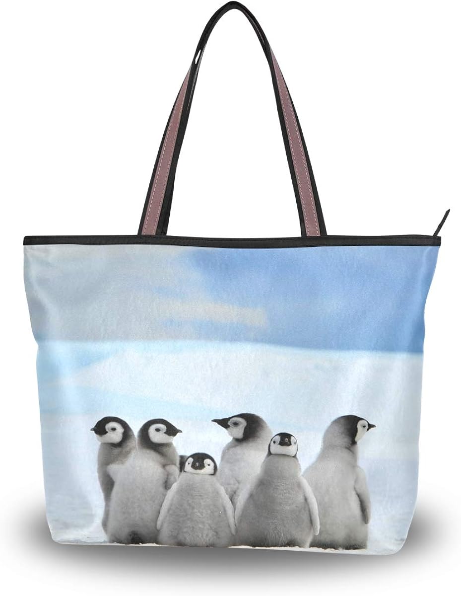 Mnsruu Women Zipper Handbag,Large Top Tote Shoulder Bag Casual Shopping Bag,L (Young Penguins With Snow Pile)