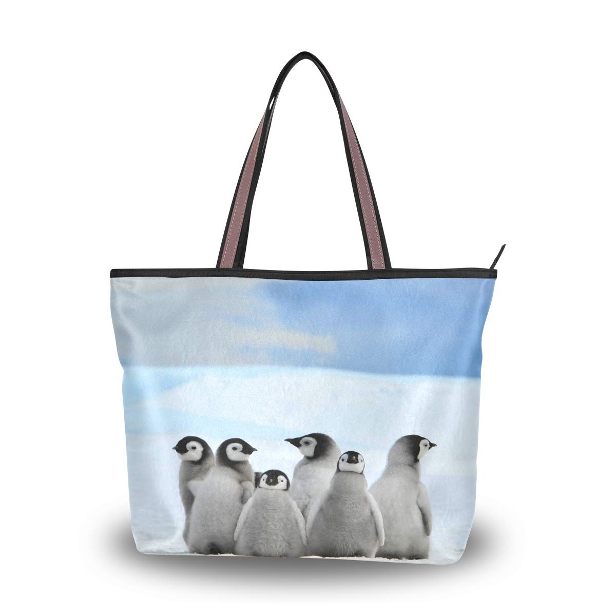 Mnsruu Women Zipper Handbag,Large Top Tote Shoulder Bag Casual Shopping Bag,L (Young Penguins With Snow Pile)
