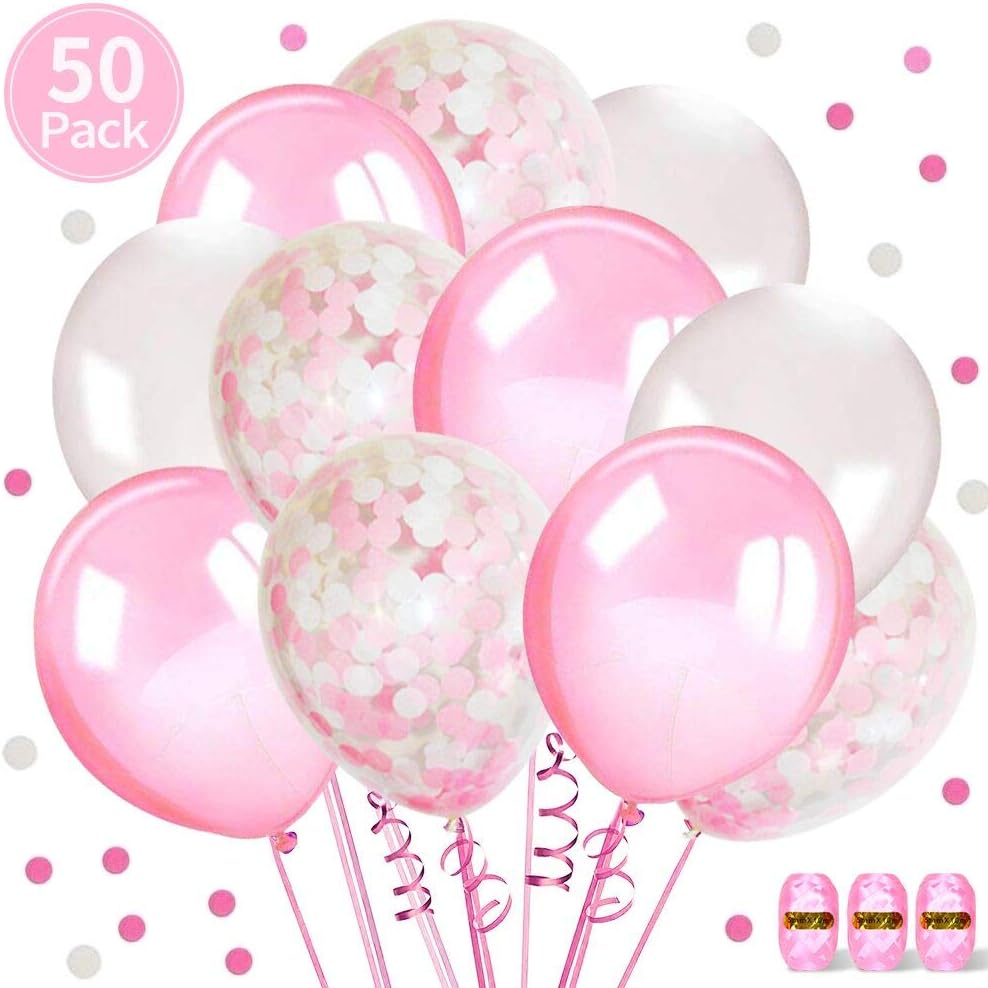 Aperil Pink Balloons Set, Pink Confetti Balloons Party Birthday Decoration with 50 pcs Pink White Latex Balloons 3Pcs Balloon Ribbons for Wedding Bridal Girls Women Shower Party Decorations