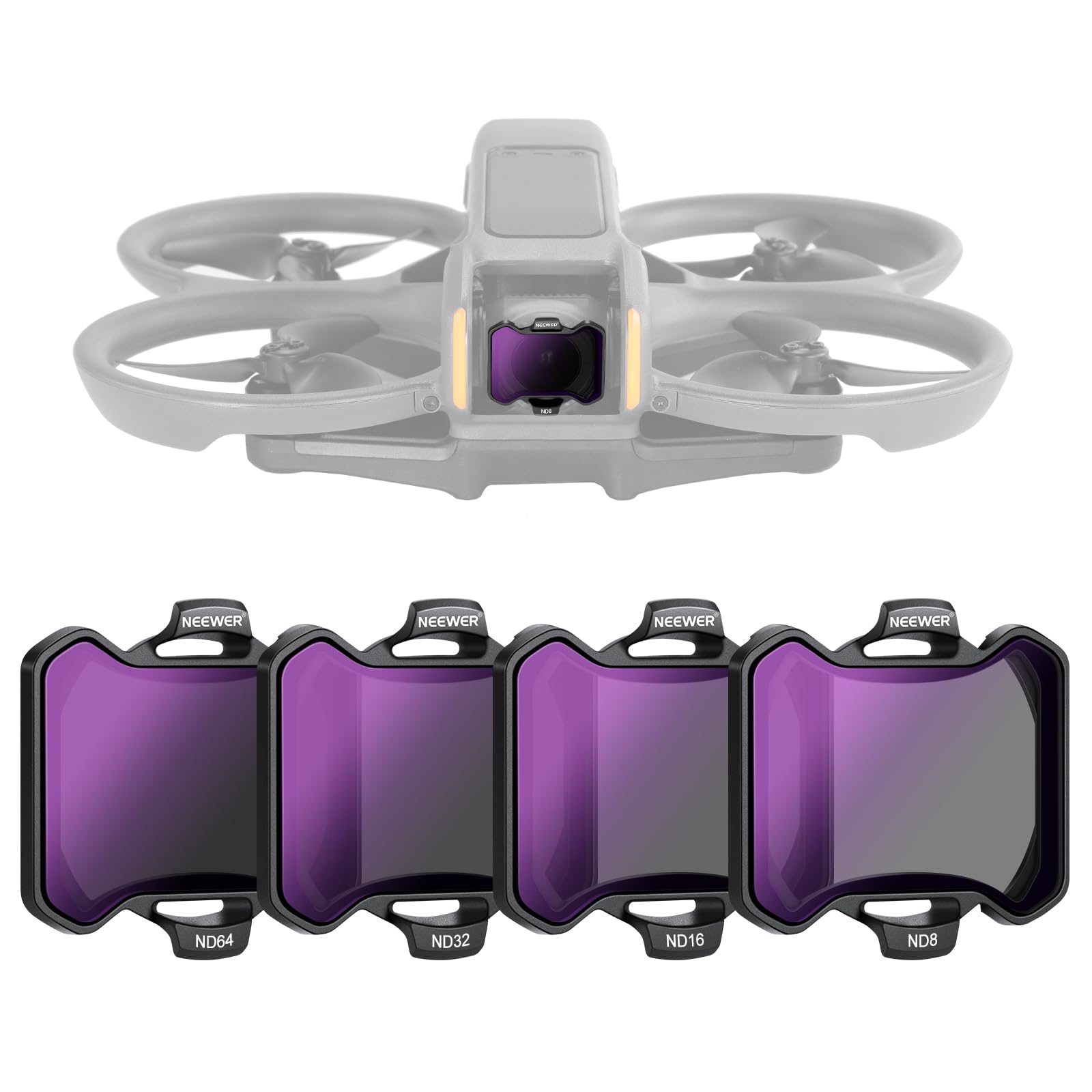 NEEWER 4 Pack Neutral Density Filters Set Compatible with DJI Avata 2, Neutral Density Filters ND8/ND16/ND32/ND64 Drone Accessories, Double Sided Coated HD Glass, No Interference with Lens Cover