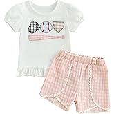 Bagilaanoe 2PCS Summer Outfit Toddler Baby Girl Baseball Short Sleeve T-Shirt Plaid Shorts Set Infant Boy Clothes