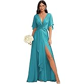 Gekaioe V Neck Chiffon Ruched Bridesmaid Dresses Flutter Sleeves Long Pleated Flowy Formal Evening Gowns with Slit