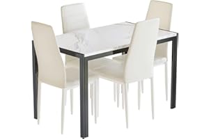 AWQM 5 Piece Dining Room Table and Chairs Set,Rectangular Table and 4 PU Leather Chairs,Faux Marble Dining Table Set for 4,Perfect for Kitchen,Living Room,Dining Room,White&Beige