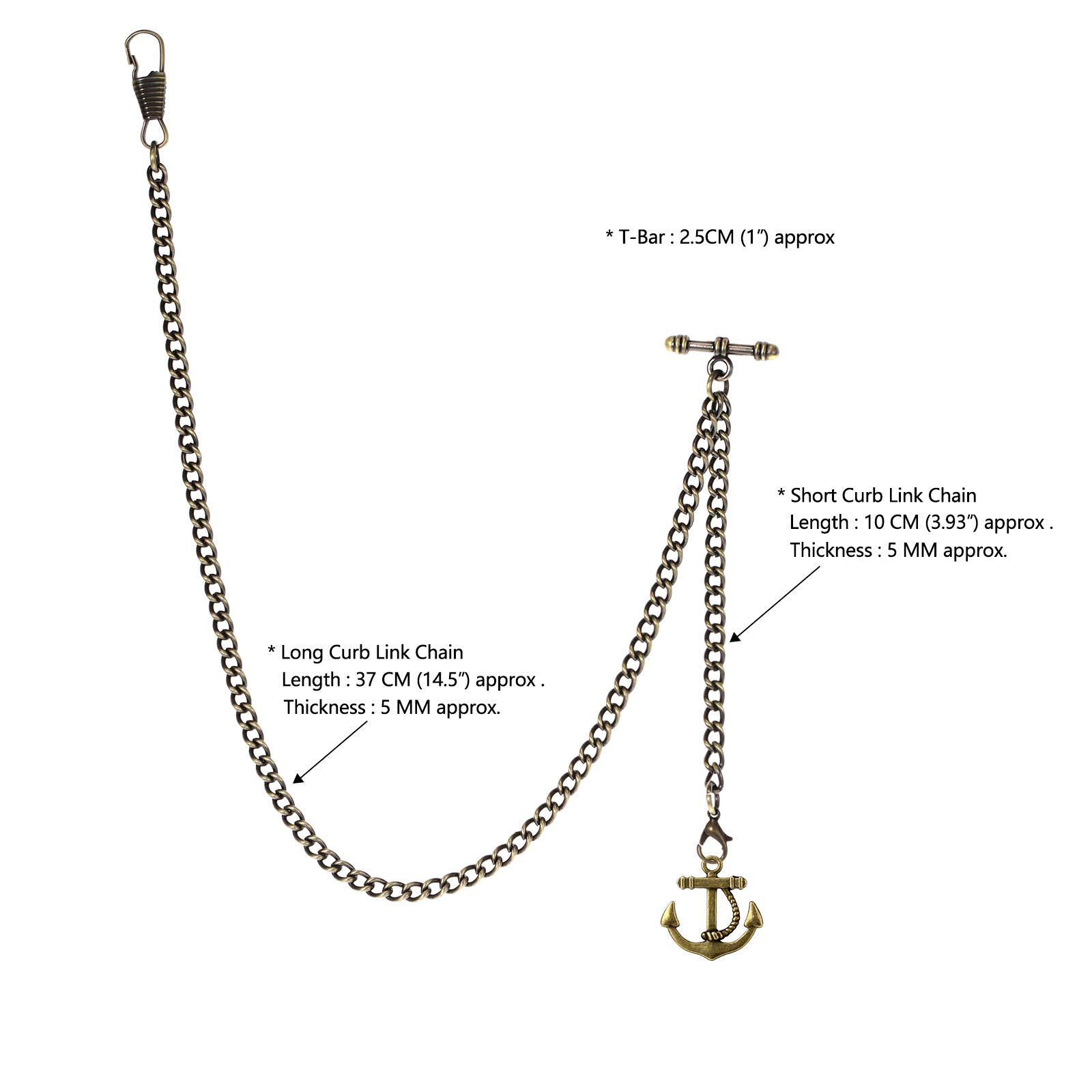 Men's Albert Chain Pocket Watch Curb Link Key Chain 2 Hooks with Antique Anchor Pendant Design Charm Fob T Bar