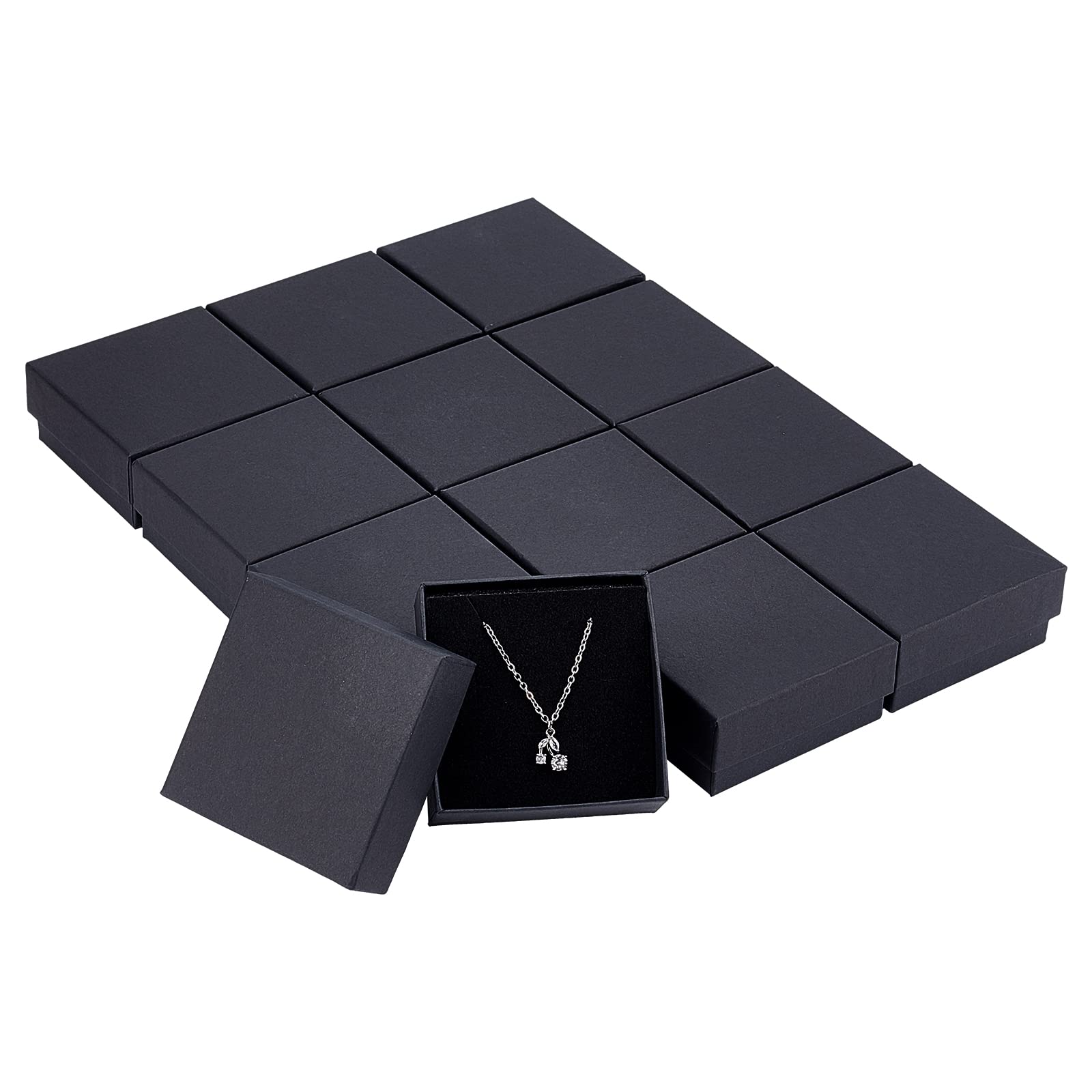 NBEADS 12 Pcs Cardboard Jewelry Set Box, for Ring, Necklace, Square, Black, 7x7x3.5cm