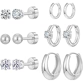 Silver Gold Plated Surgical Steel Flat Back Earrings for Women Hypoallergenic 14K Gold Plated Stud Huggie Earring Set Fashion Shell Cubic Zirconia Flatback Studs Cartilage Earrings Pack for Multiple Piercing 5/8Pairs