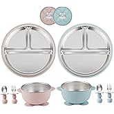 PandaEar 8PCS Baby Feeding Set | Stainless Steel Suction Plates and Bowls with Silicone Fork and Spoon Utensils | Baby Led Weaning Tableware for Toddlers & Kids (Pink & Blue)