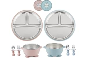 PandaEar 8PCS Baby Feeding Set | Stainless Steel Suction Plates and Bowls with Silicone Fork and Spoon Utensils | Baby Led Weaning Tableware for Toddlers & Kids (Pink & Blue)