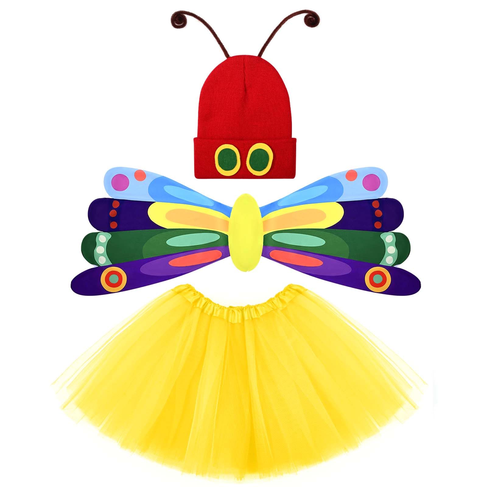 Kavoc Caterpillar Costume Accessories Include Butterfly Wings Tutu Red Knitted Beanie Hat with Eye Twist Stick World Book Day Fancy Dress Costume for School Reading Story Party