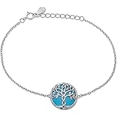 Namomi Sterling Silver Tree of Life Bracelet with Aquamarine Enamel for Women, Rhodium Plated, Adjustable 6" + Extension, Gift Pouch