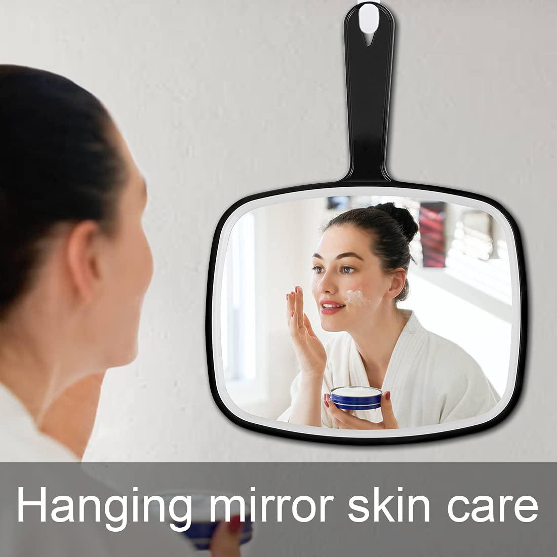 Large Wall Mount Hand Mirror with Handle, for Vanity Makeup Home Salon Travel Use (Square Black 10.3inx7.3in)
