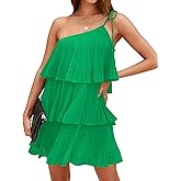 DEEP SELF Women's Summer One Shoulder Ruffle Mini Dress Casual Tiered Chiffon Pleated Flowy Short Dresses