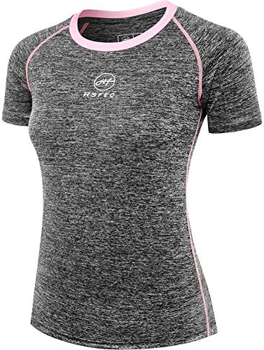 HSFEO Women's Dry Fit T-shirts Short Sleeve Moisture Wicking Athletic Shirts (Medium, Grey-Pink)