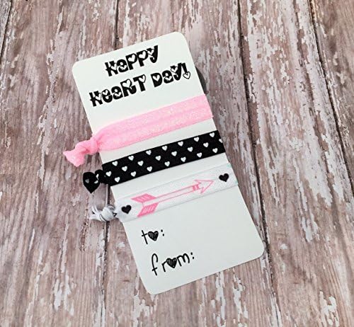 Valentine's Day No Crease Hair Tie Set with Arrows and Hearts, Glitter Pink and Black and White Polka Dots