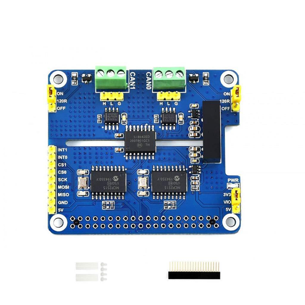 2-Channel Isolated CAN Bus HAT for Raspberry Pi, MCP2515 + SN65HVD230 Dual Chips, Multi Protection Circuits, 3.3V/5V Jumper, 120Ω Resistor, C/Python Examples