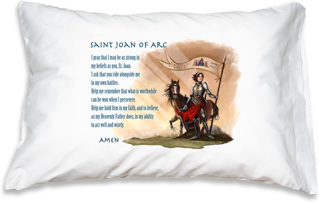 Saint Joan of Arc Prayer Pillowcase, Catholic Saints and Prayers on Pillow Cases for Holy Home Décor and Catholic Gifts.