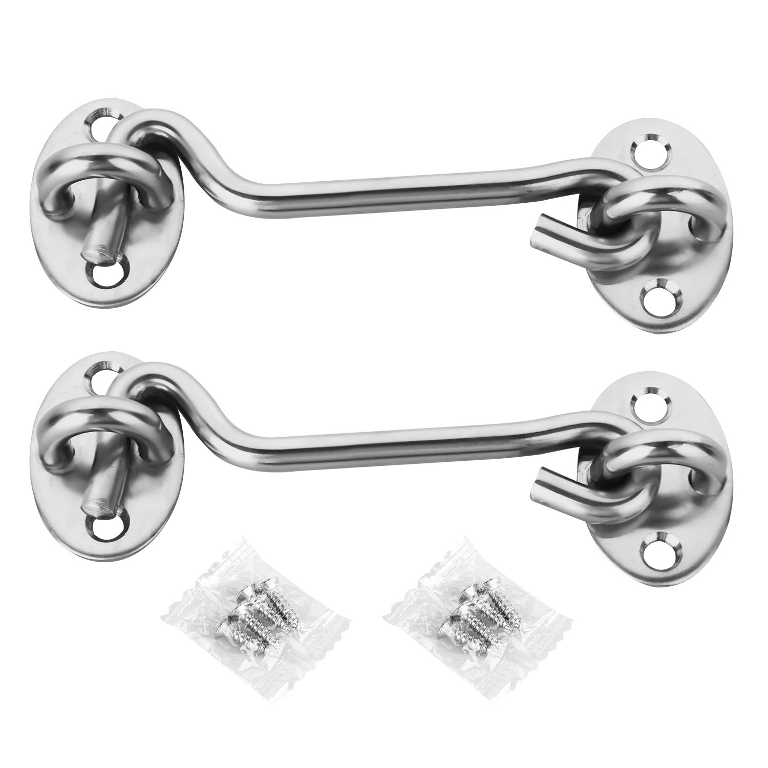 4 Inch Hook and Eye Latch Set, 2 Pack 100mm Stainless Steel Cabin Hooks Door Catch, Silver Gate Hook Lock for Wooden Doors, Windows, Cabinets, Fence & Shed