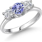 Gem Stone King 14K White Gold Blue Tanzanite & White Lab Grown Diamond 3-Stone Engagement Ring | 1.00 Cttw | Round 5MM and 4MM | 3 Stone Wedding Anniversary Promise Ring For Women
