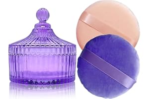 YILUSHENGHUA 2 Pack Extra Large 5.2" Beige & Purple Powder Puffs and 5.3" Glass Container – Oversized Soft Body & Face Large Powder Puff Dusting Powder Jar Holder Case(Purple Glass)
