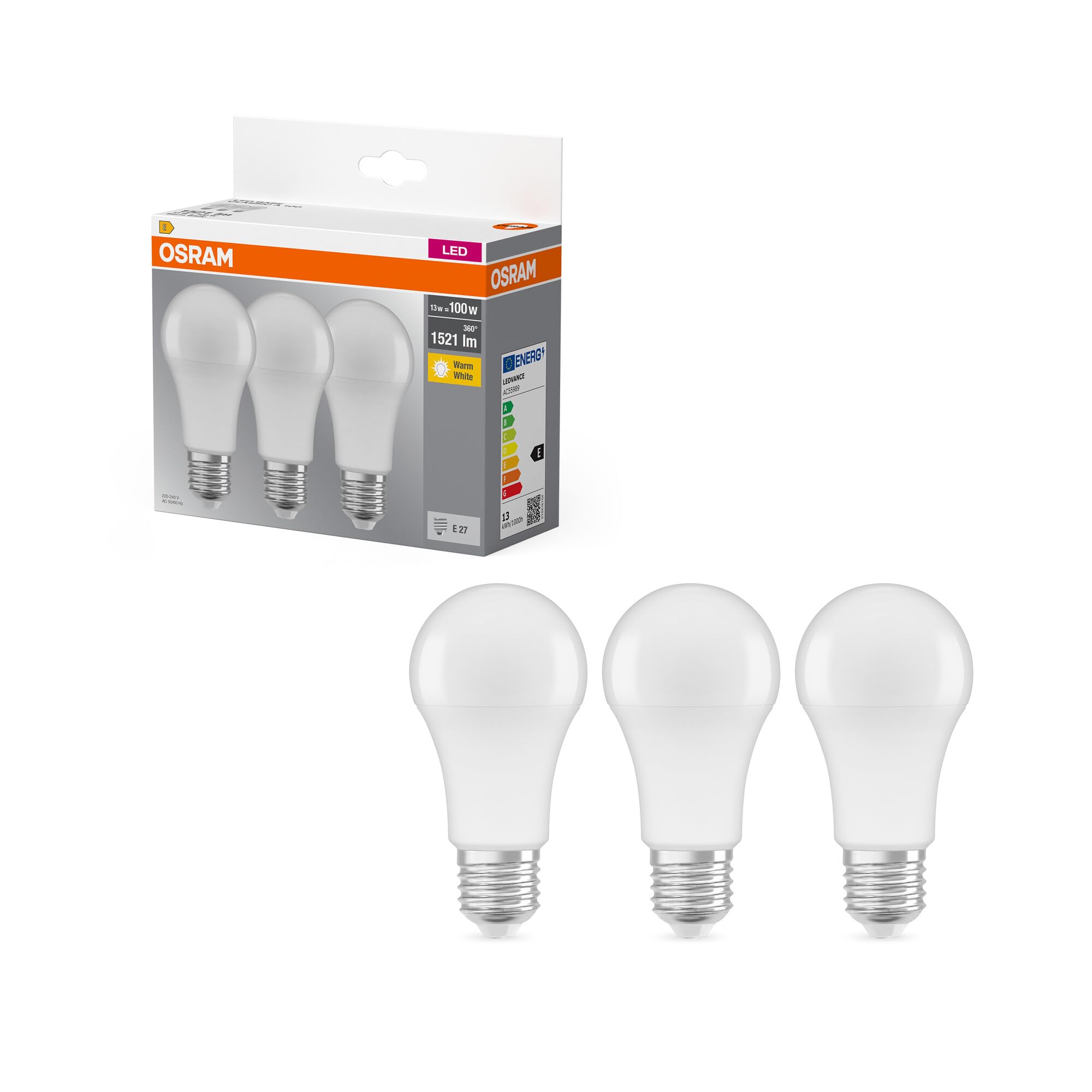 OSRAM LED Base Classic A / LED-lamp in bulb shape with E27-base / not dimmable / replacement for 100 Watt / Matt / warm white - 2700 Kelvin / pack of 3