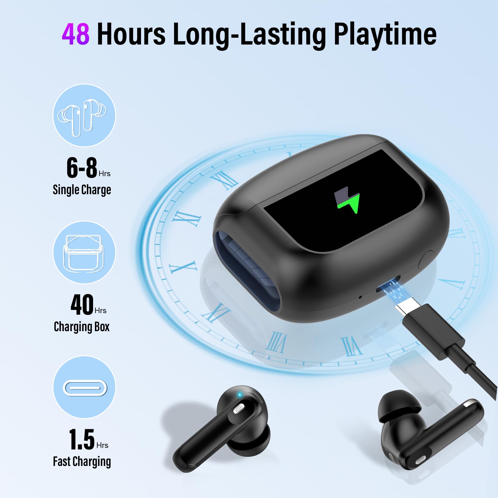 Wireless Earbuds, Bluetooth 5.4 Headphones with Multifunctional Touch Screen, 48H Bass Stereo Ear Buds with ANC/ENC Noise Cancelling/Transparency Mode, IPX7 Earphones with 5 EQ Modes for iOS Android - Image 5