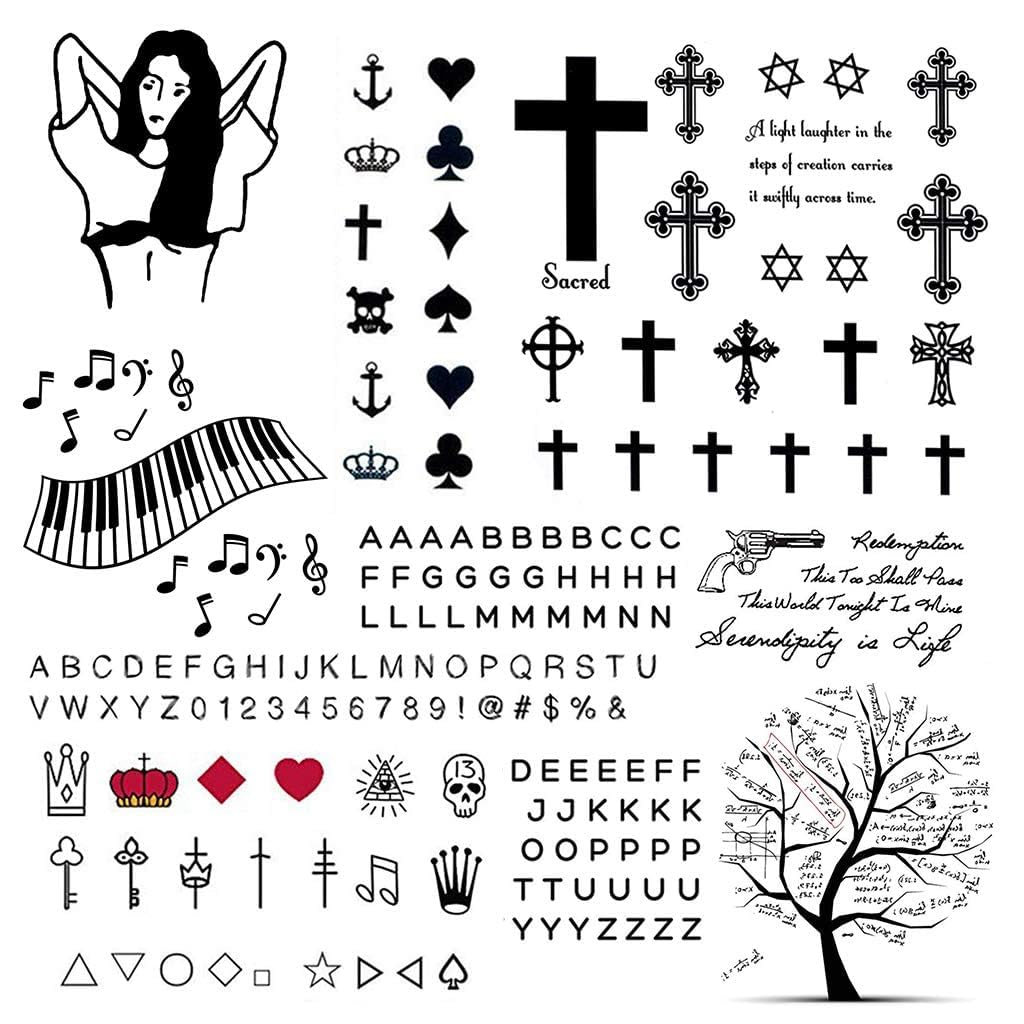 CARGEN 2 Sheets Alphabet Tattoo Stickers Finger Literature Temporary Tattoos Black Fake Realistic Waterproof Alphabet Script Cross Crown Tattoos for Adults Women Men and Boys Girls