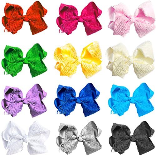 12 Pack Baby Girls Big Hair Bows Alligator Clips,Princess Dress Hair Accessories Lace Hair Clip for Toddlers