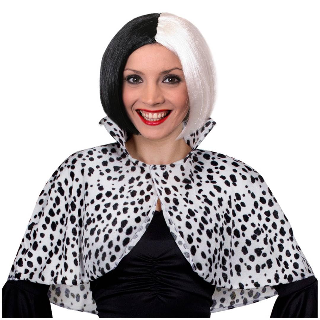 Ladies Dalmatian Print Collared Cape + Black/white Bob Wig - Evil Dog Lady School Book Week + World Book Day Fancy Dress Costume Accessory (Plus Size)