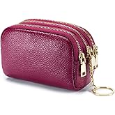 LINNO 3 Zippered Genuine Leather Coin Purse Triple Capacity Change Pouch Little Travel Wallet With Key Ring for Women
