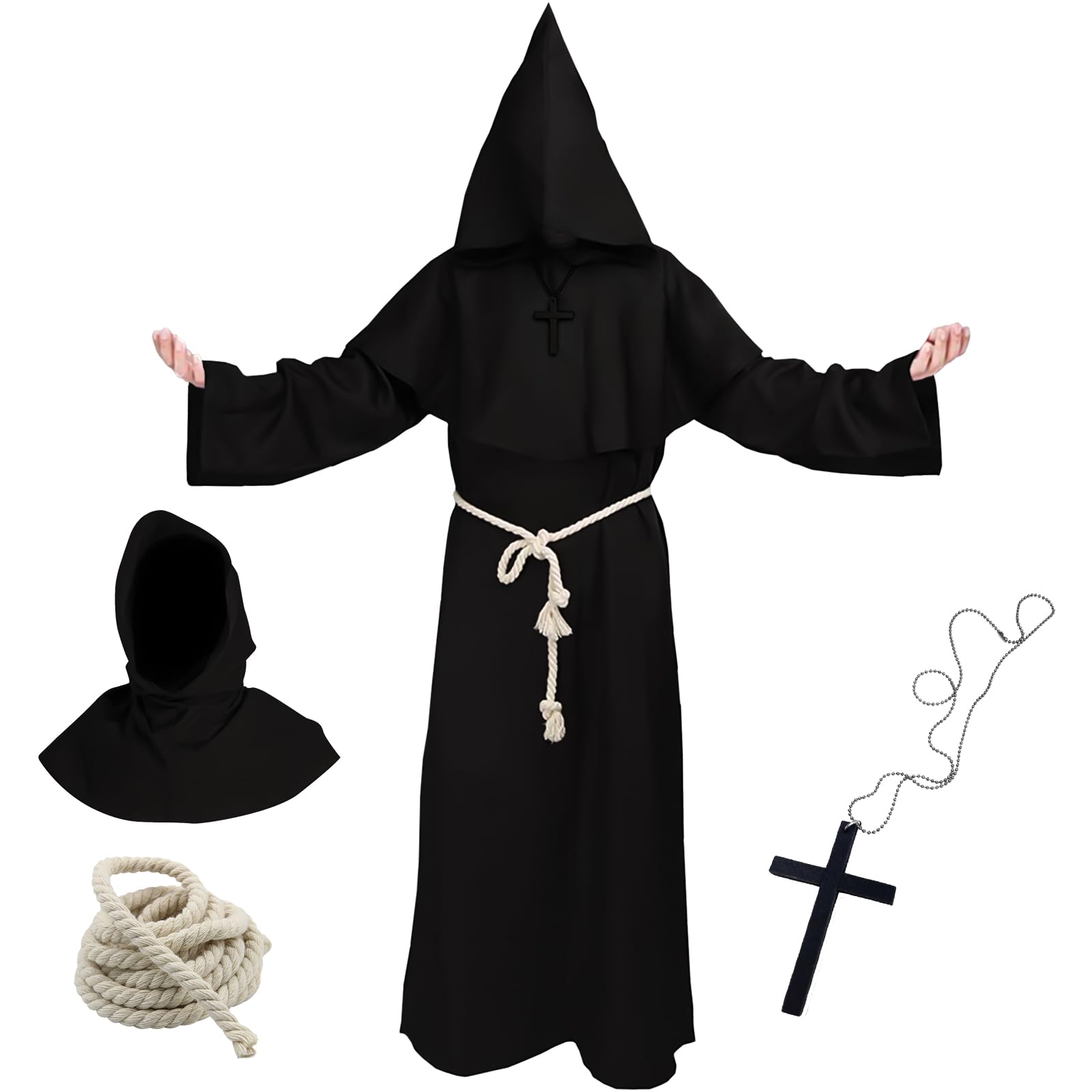 Ainvliya Monk Costume for Adult Men, Medieval Hooded Monk Outfit with Cape Rope Belt and Cross Necklace, Priest Renaissance Fancy Dress for World Book Day, Carnival Cosplay