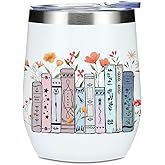 Wine Tumbler, 12 oz Coffee Mug Travel Insulated Cup Vacuum Wine Glass with Lid, Book Lovers Gifts Birthday Christmas Graduation Reading Book Accessories Bookish Librarian Gifts for Women Nurse Her