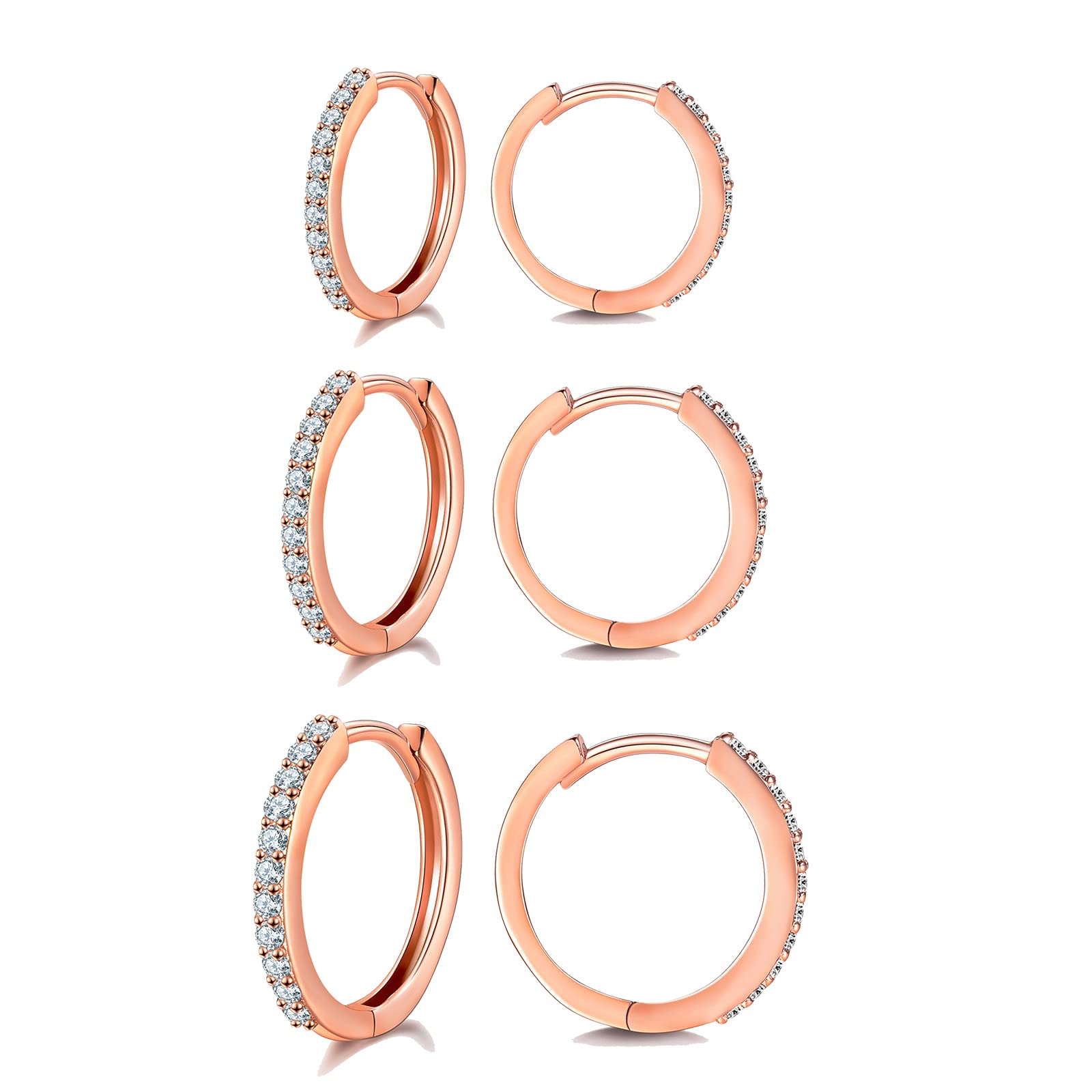 wynn's Silver Hoop Earrings - S925 Sterling Silver & Rose Gold Hoops with Cubic Zirconia, 8/10/12mm, Unisex Adult Hoop Earrings
