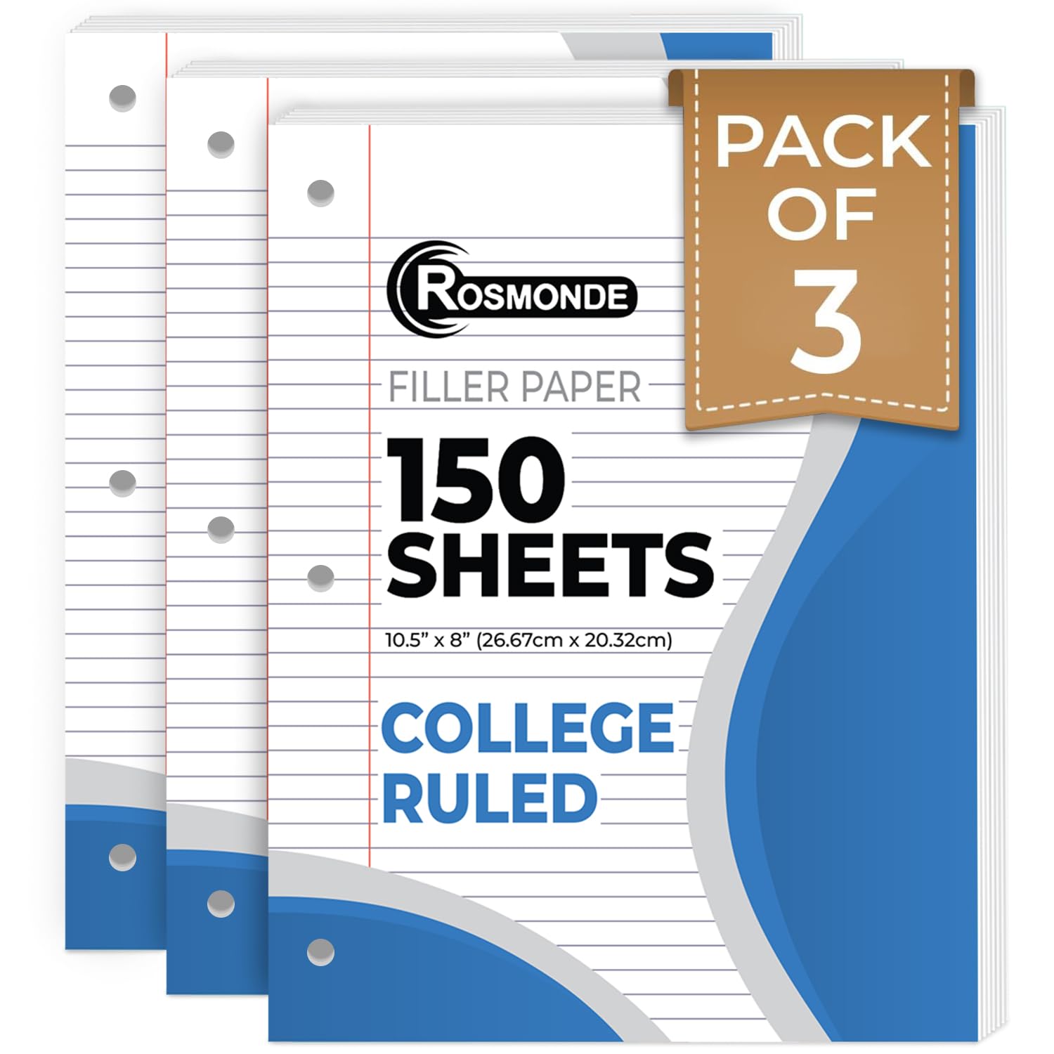 Photo 1 of Rosmonde Loose Leaf Paper, 450 Sheets, 3 Pack, College Ruled Paper, 8" x 10.5", Bulk Office Filler Paper, 3 Hole Punched, 150 Sheets/Pack, 56 gsm Paper, College Ruled Notebook Paper for Binder, White